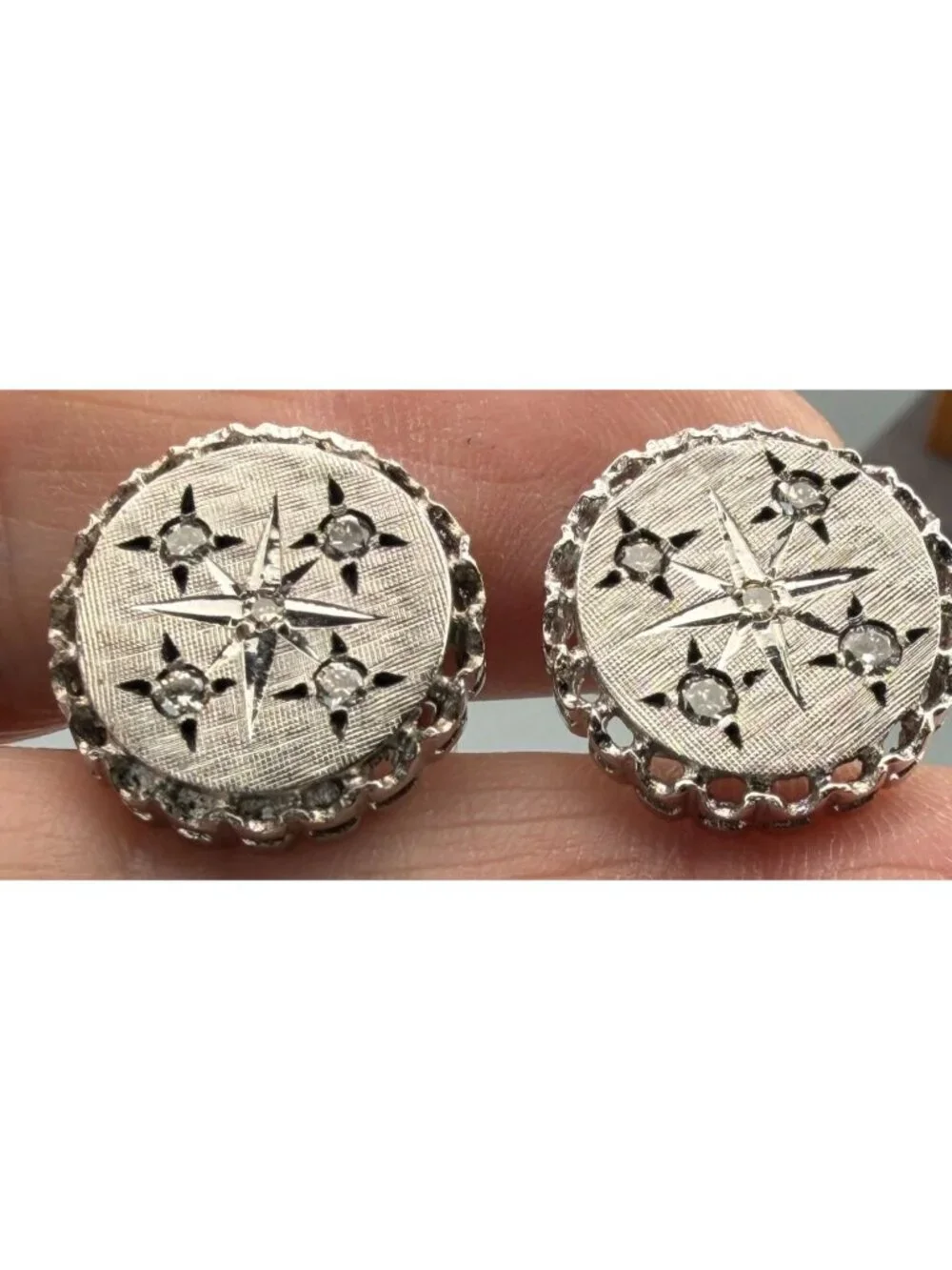 Vintage Cufflinks Sterling Silver Starburst Tie Tack & Links Set Diamond Accents